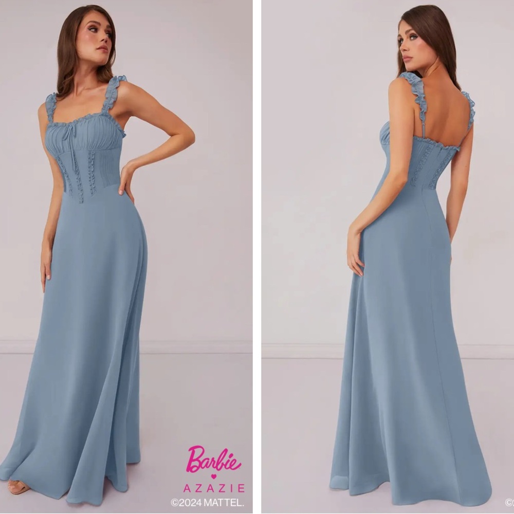 Azazie Blue Ruffle-Strap Maxi Dress - Picture 4 of 12